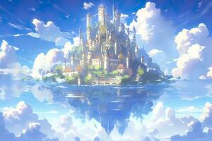 AI generated Ancient Heavenly Floating island in the sky with a castle, vibrant, fantasypunk, AI Generative photo