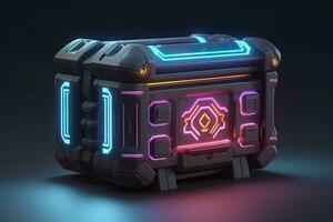 AI generated Modern and Futuristic Neon Digital Gaming Chest in Cartoon Pixar 3D Blender Style. AI Generative photo