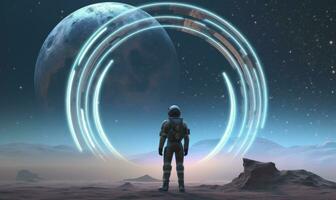 AI generated Astronaut in front of dimensional portal.  AI Generated. photo