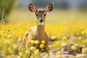 AI generated Female roe deer with beautiful flower. AI Generated photo