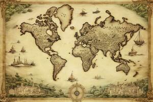 AI generated Great detailed illustration of the world map in vintage style. AI Generated photo