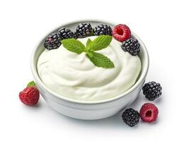 AI generated Green bowl of greek yogurt and fresh berries isolated on white background. AI Generated photo