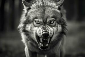 AI generated Greyscale closeup shot of an angry wolf with a blurred background. AI Generated photo