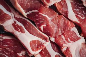 AI generated Macro shot of pork meat. Meat textured background. Beef steak is raw and juicy. AI Generated photo