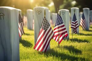 AI generated Military Headstones and Gravestones Decorated With Flags for Memorial Day.  AI Generated photo