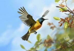 AI generated Olive backed sunbird, Yellow bellied sunbird flying in the bright sky. Generative AI photo