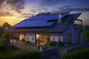 AI generated Modern house with blue solar panels on the roof. End of the day, sunset. AI Generated photo