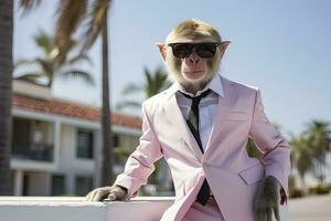 AI generated A Monkey is wearing sunglasses, suit and standing on street. AI Generated photo