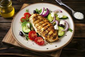 AI generated Seared chicken breast and Greek salad on a wooden table. Generative AI photo