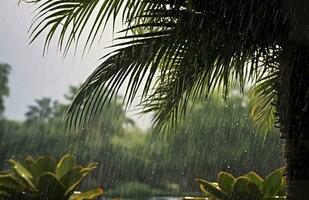 ai generado lluvia en el zona tropical durante el bajo temporada o monzón estación. gotas de lluvia en un jardín. generativo ai foto