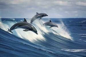 AI generated Playful dolphins jumping over breaking waves. Hawaii Pacific Ocean wildlife scenery. Generative AI photo