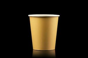 AI generated Side view yellow empty disposable paper fast food cup isolated on black background. Generative AI photo