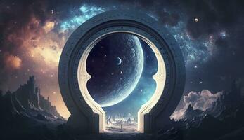 AI generated Portal to another world. Futuristic cosmic landscape with circle tunnel in starry sky. Generative AI photo