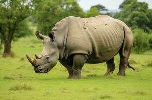 AI generated White Rhino grazing. AI Generated photo