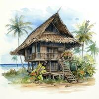 AI generated A watercolored bright serene image of a traditional bahay kubo. AI Generated photo