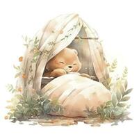 AI generated A sleepy baby bear in a bedding. watercolor illustration. AI Generated photo