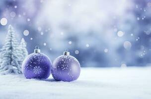 AI generated Christmas decorations ball on snow background. AI Generated photo