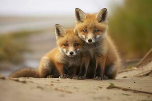 AI generated Wild baby red foxes cuddling at the beach. Generative AI photo