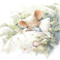 AI generated A sleepy baby mouse in a bedding, watercolor illustration.  AI Generated photo