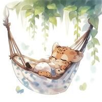 AI generated A sleepy baby leopard in a hammock. watercolor illustration. AI Generated photo