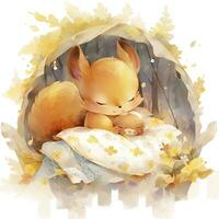 AI generated A sleepy baby squirrel in a bedding. watercolor illustration. AI Generated photo