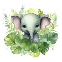 AI generated Happy cute baby elephant in green leaves in the watercolor style. AI Generated photo