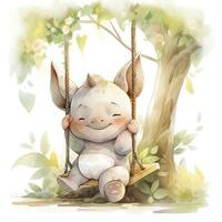 AI generated Cute happy baby rhino on swings in the tree in watercolor style. AI Generated photo