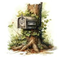 AI generated Watercolor mailbox in a tree on a white background. AI Generated photo