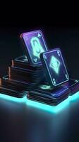 AI generated Some playing cards with glowing neon designs on a tablet. Generative AI photo