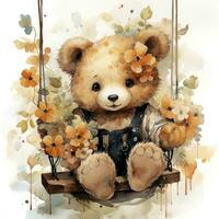 AI generated A cute happy teddy bear swings on a tree on a white background. AI Generated photo