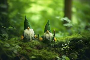 AI generated Toy Irish gnomes in a mystery forest, abstract green natural background. Generative AI photo