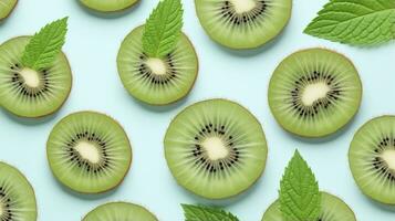 AI generated Slices of kiwi fruit and green mint leaves on a light pastel blue background. AI Generated photo