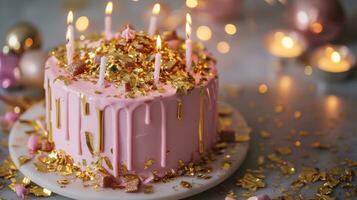 ai generado un rosado cumpleaños pastel adornado con oro goteo Formación de hielo foto