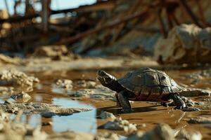 ai generado un Tortuga es caminando en arena en el barro foto