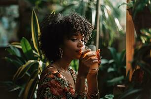 AI generated a beautiful black woman drinking a green smoothie photo