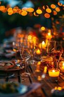 AI generated a table full of wine glasses with candles on the table photo
