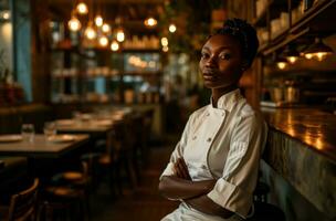 AI generated an elegant african women chef wears white uniform in restaurant photo