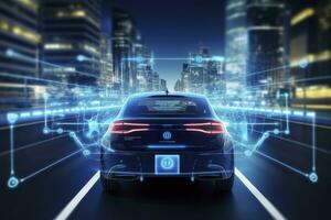 AI generated Modern smart car technology intelligent system using Heads up display HUD Autonomous self driving mode vehicle on city road with graphic sensor radar signal system intelligent car. photo