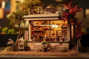 AI generated A charming and cozy coffee shop Set beside a busy highway with Warm and golden sunset light, and a Picturesque sunset view with vibrant colors. AI Generative photo