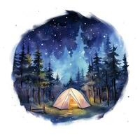 AI generated A Camping Tent in the forest with Night sky, watercolor for T-shirt Design. AI Generated photo