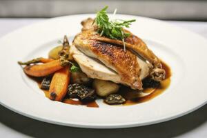 AI generated Plated chicken roast dinner on a white plate with carrot and morel mushroom. AI Generated. photo
