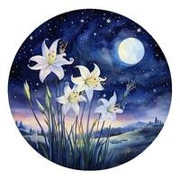 AI generated Watercolor fairy lilies blooming under a starry night sky on a white background. AI Generated photo