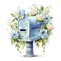 AI generated Watercolor light blue floral mailbox on a white background. AI Generated photo