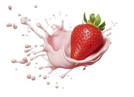 AI generated milk or yogurt splash with strawberries isolated on white background, 3d rendering. AI Generated photo