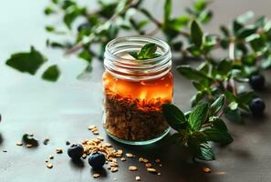 AI generated a blueberry yogurt and granola parfait in a jar with mint leaves photo