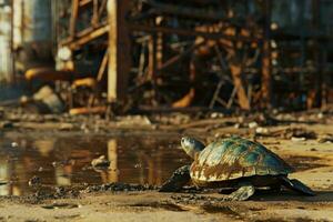 ai generado un Tortuga es caminando en arena en el barro foto