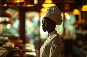 ai generado un elegante africano mujer cocinero usa blanco uniforme en restaurante foto