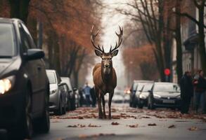 AI generated a beautiful deer stands on the road in the forest photo