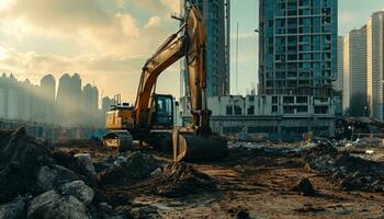 ai generado un ciudad con un construcción excavador a el frente foto