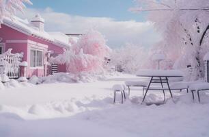 AI generated an empty winter season yard covered in white snow photo